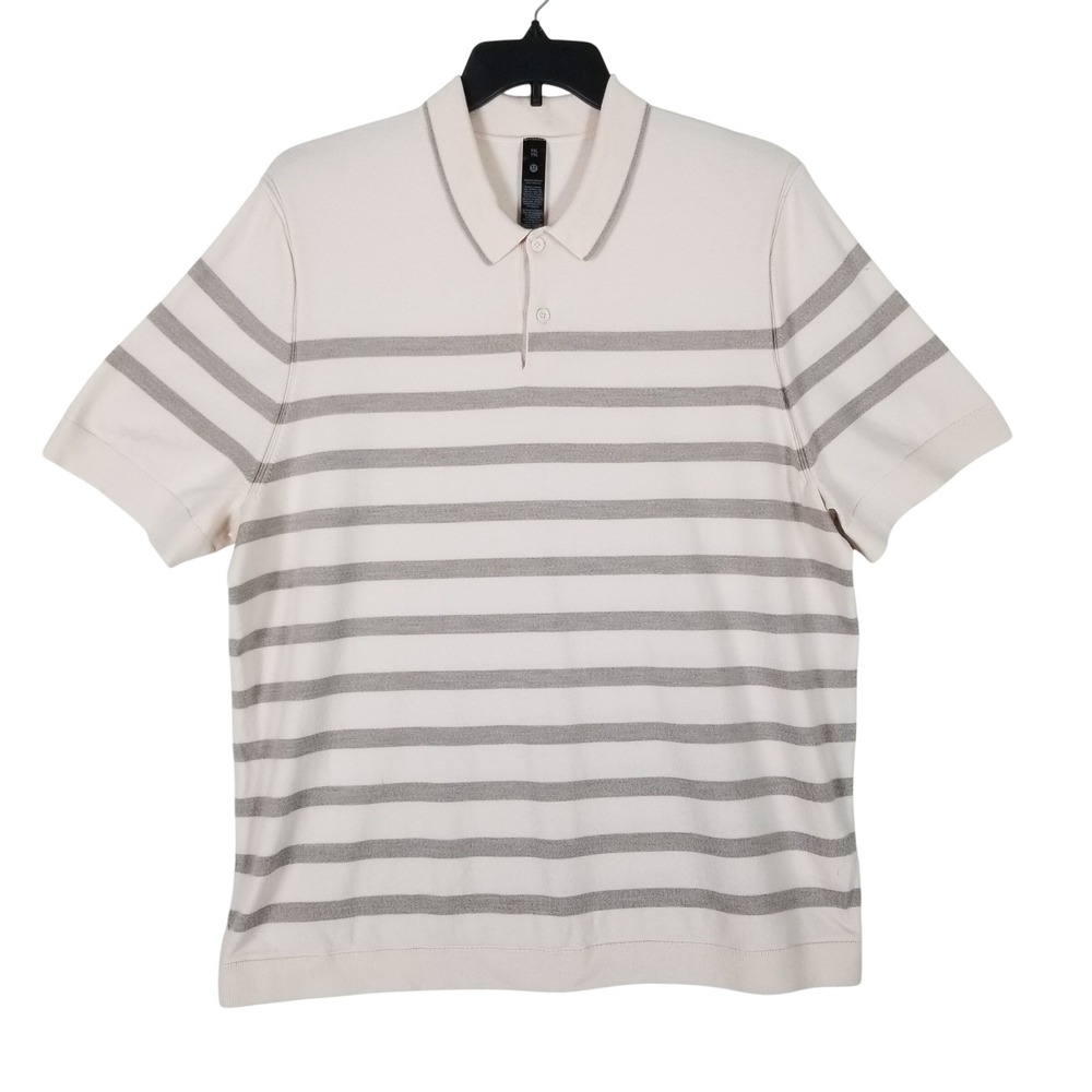 Lululemon Polo Shirt Men XXL Cream Grey Striped Merino Wool Blend LM3FJ9S
